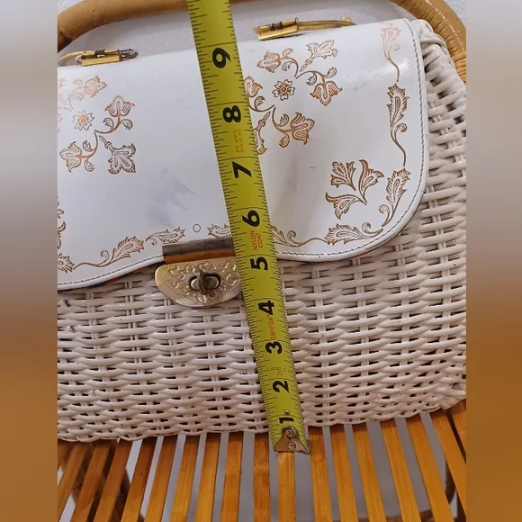 Gladys Golden Italian Vintage White Wicker Bag W/ Plaid Interior - Picture 14 of 15